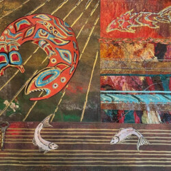 Salmon song. mixed media, collage and acrylic 18" x 22"